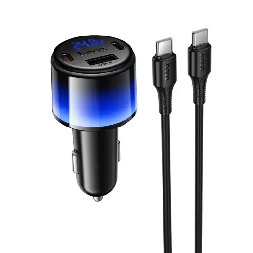 HOCO Z69A auto lādētājs | 37W | PD, QC | USB-A, USB-C | ar USB-C uz USB-C vadu komplektā | melns