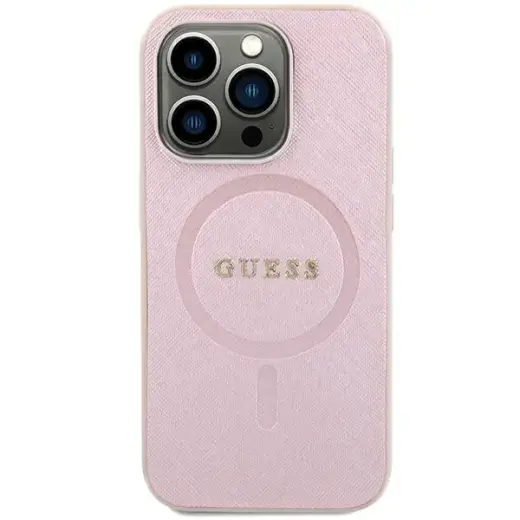 Guess GUHMP15SPSAHMCP Saffiano maciņš ar MagSafe atbalstu telefonam iPhone 15 rozā
