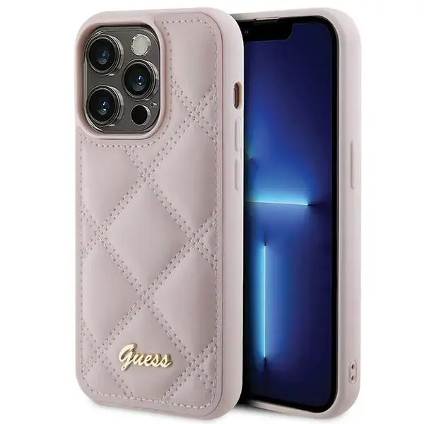Guess GUHCP15XPSQSQSP Quilted Metal Logo telefoni ümbris iPhone 15 Pro Max roosa
