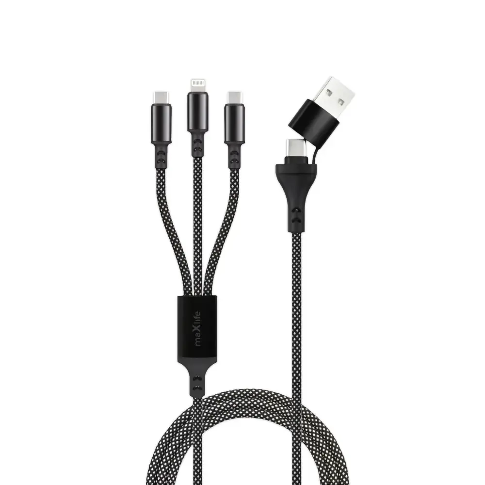 Maxlife ALLin1 3-in-1 провод для передачи данных и зарядки | USB-A на USB-C, Lightning, USB-C | 66W | 1m | черный
