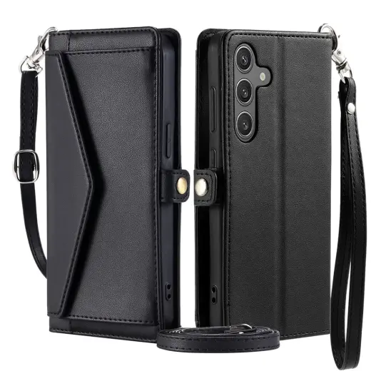 Leather knyginio tipo telefono dėklas su dirželiu su stovu Samsung Galaxy A56 (A566) juodas