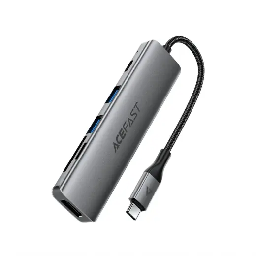 Acefast J18 6-in-1 doko stotelė | USB-C į USB 3.0, USB-C, HDMI, SD, microSD | 90W | pilka