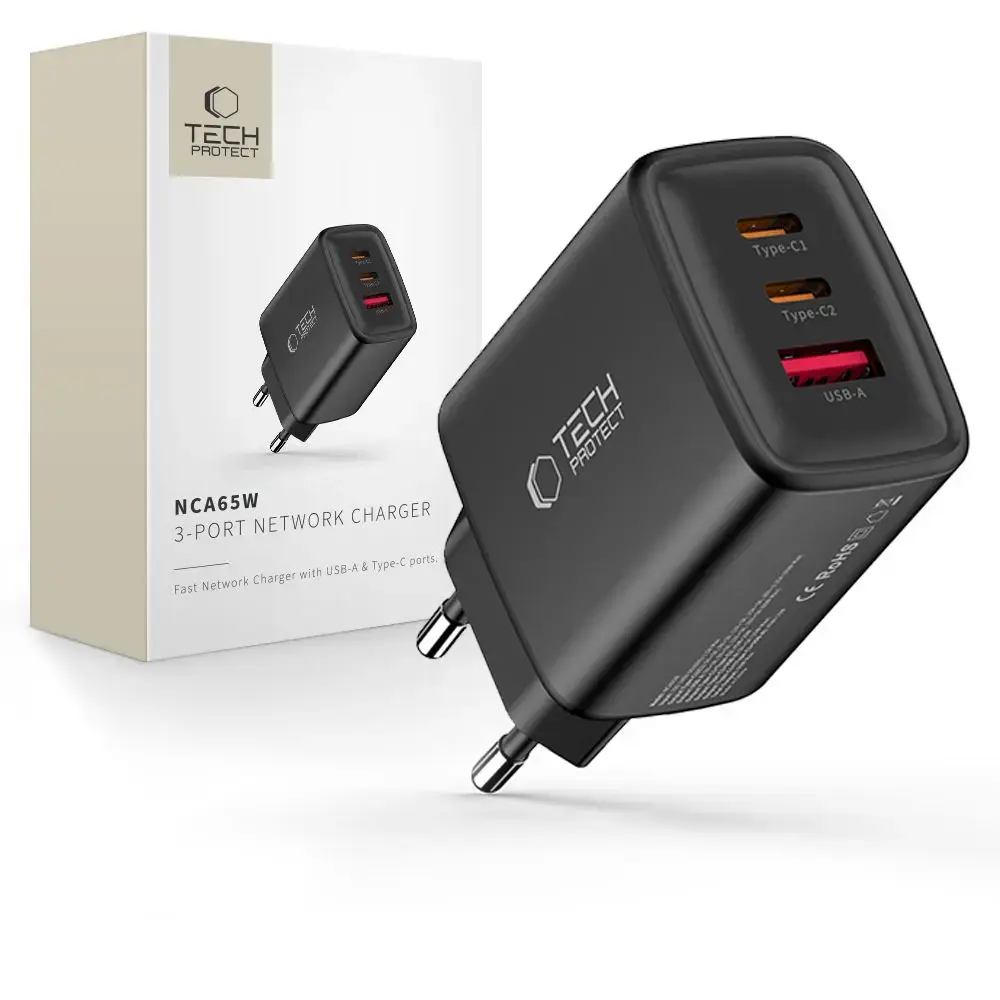 Tech-Protect NCA65W-GAN tīkla lādētājs | 65W | PD, QC, GaN | USB-C, USB-A | melns