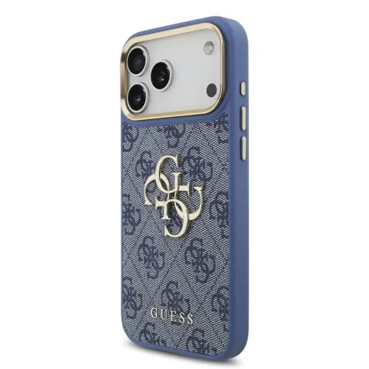 Guess PU Leather 4G Metal Logo Gold Frame Case for iPhone 18 Pro Max Blue