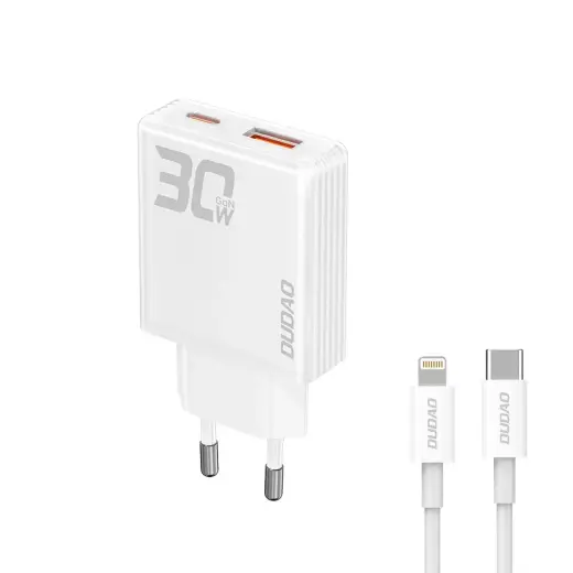 Dudao A30EUL зарядное устройство | 30W | GaN | USB-A, USB-C | с проводом USB-C на Lightning в комплекте | белое