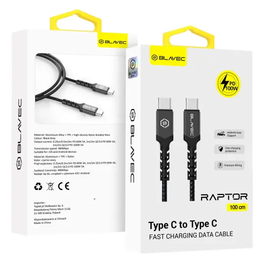 Blavec Raptor CRA-CC5BG10 datu pārraides un uzlādes vads | USB-C uz USB-C | PD | 100W | 1m | melns, pelēks