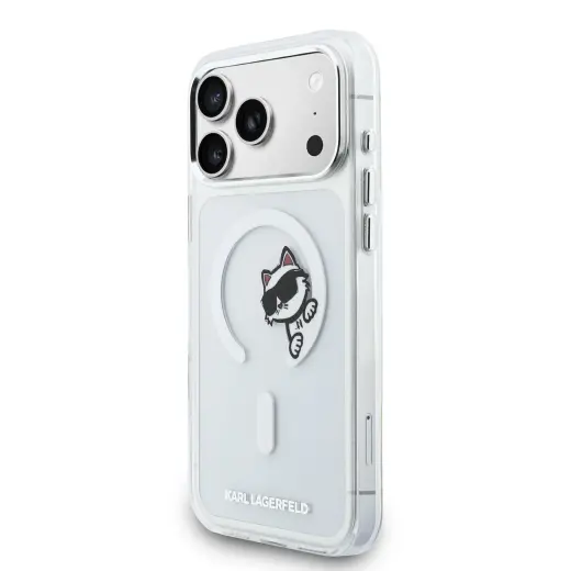 Karl Lagerfeld IML Choupette Peekaboo telefono dėklas su MagSafe palaikymu iPhone 17 Pro Max skaidrus (katė)