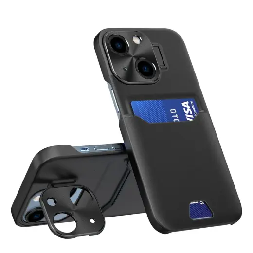 Leather Stand grāmatveida maciņš ar statīvu telefonam iPhone 14 melns