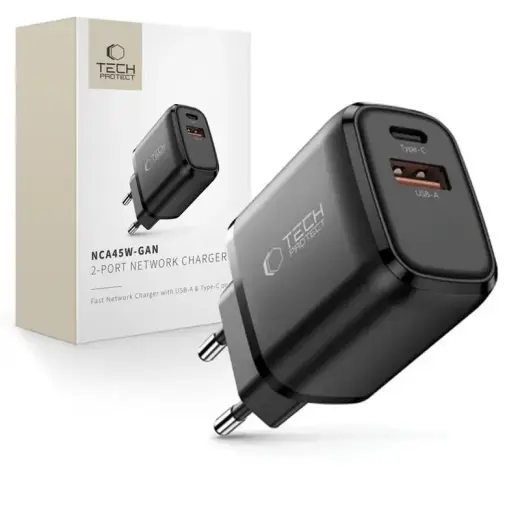 Зарядное устройство Tech-Protect NCA45W-GAN | 45W | PD, QC, GaN | USB-C, USB-A | чёрное