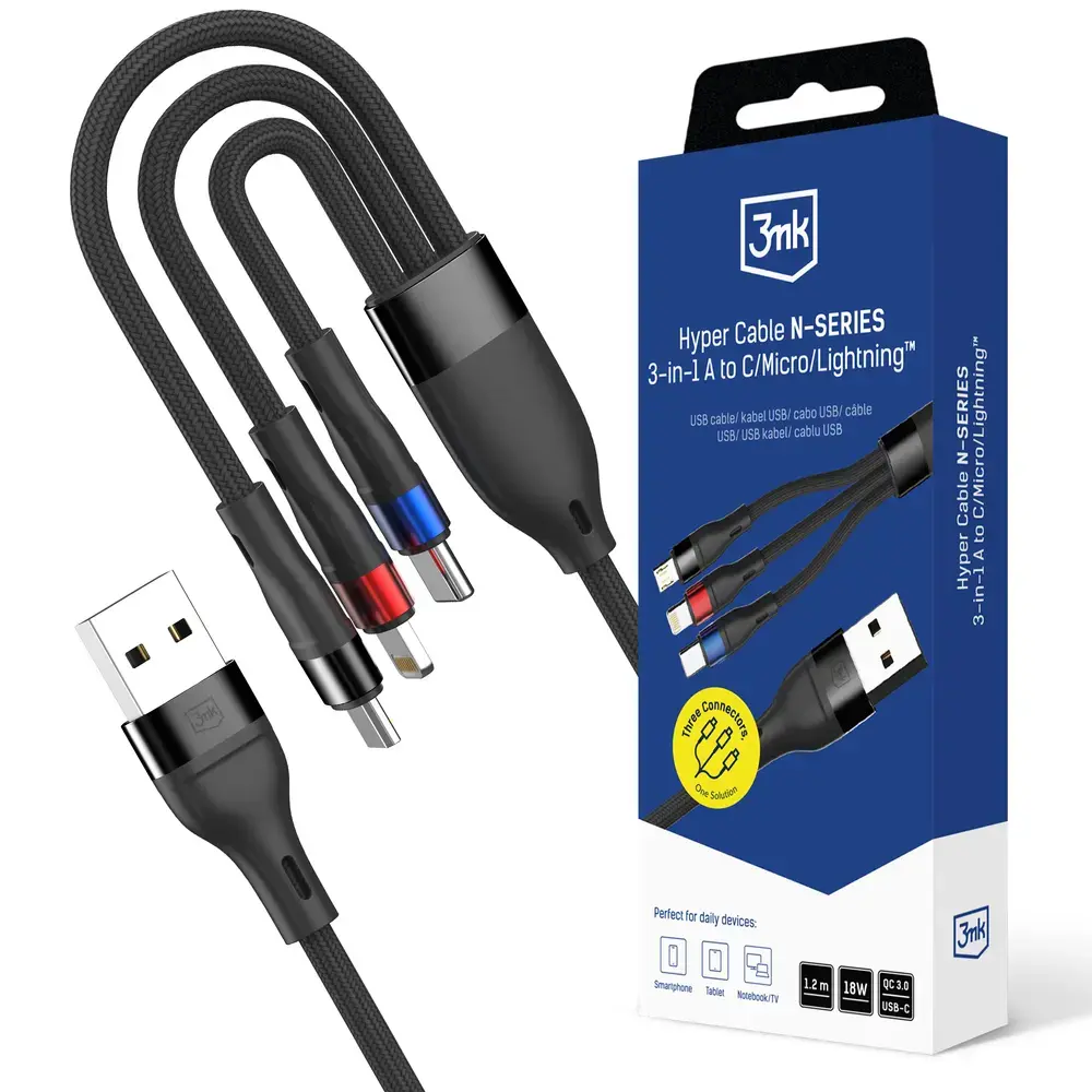 3mk Hyper N-SERIES 3-in-1 duomenų perdavimo ir įkrovimo laidas | USB-A į USB-C, Micro USB, Lightning | 18W | 1.2m | juodas