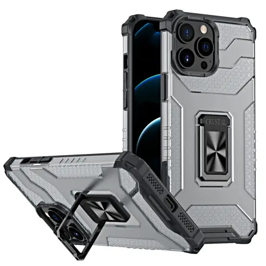 Crystal Ring Tough Rugged telefono dėklas su stovu iPhone 13 Pro Max juodas