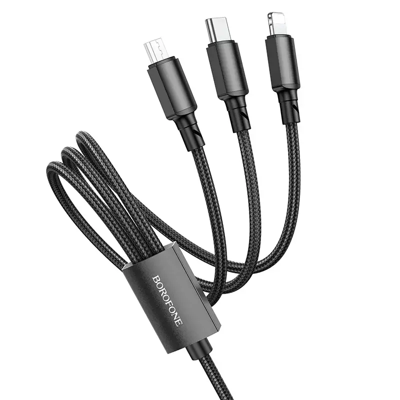 Borofone BX72 3-in-1 провод для передачи данных и зарядки | USB-A на USB-C, Micro USB, Lightning | 10W | 1m | чёрный