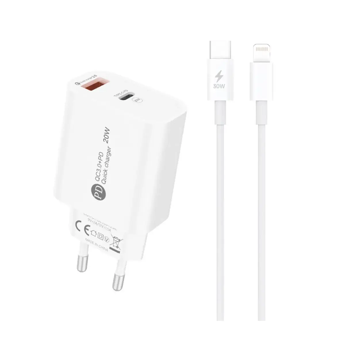 A6MaxL travel charger | 20W | USB-A, USB-C, Lightning | with USB-C - Lightning cable | white