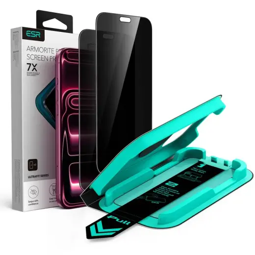 ESR UltraFit Armorite grūdintas apsauginis stiklas telefonui iPhone 18 Pro (privatumo efektas) su montavimo rėmeliu (2 vnt.)