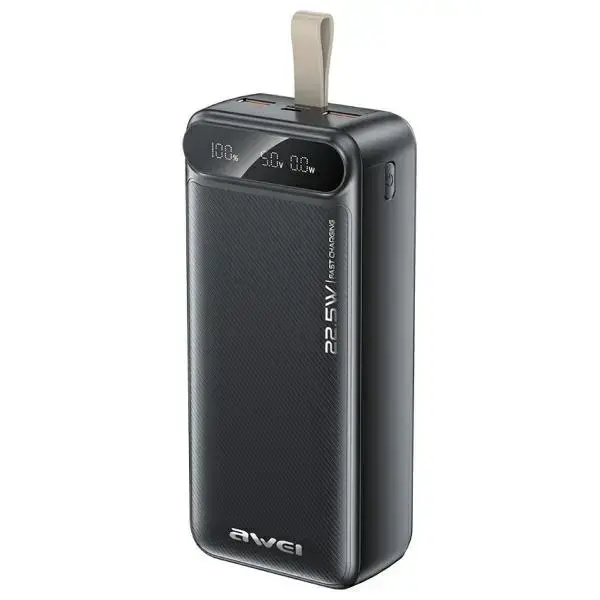 AWEI PA-12 ārējais akumulators (powerbank) | 30000 mAh | 22.5W | USB-C, Micro USB, USB-A | LED ekrāns | melns