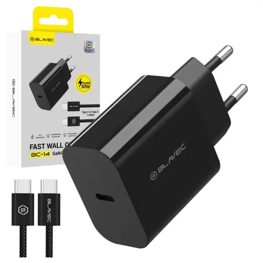 Blavec BC-14 GaN4 tīkla lādētājs | 30W | PD, QC, GaN, PPS | USB-C | ar USB-C uz USB-C vadu komplektā | melns