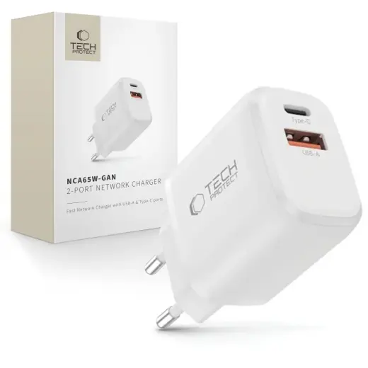 Tech-Protect NCA65W-GAN tīkla lādētājs | 65W | PD, QC, GaN | USB-C, USB-A | balts