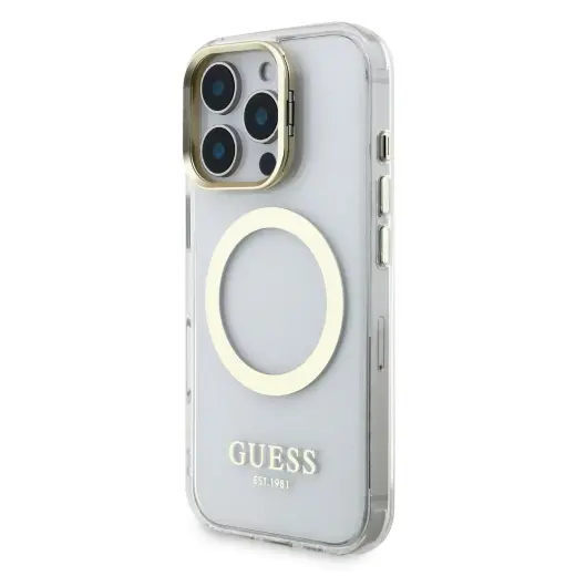 Guess IML Gold Outline Stand Camera Frame MagSafe Case for iPhone 16 Pro Max Transparent