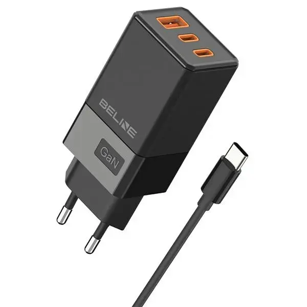 Beline BLN3CB65C kelioninis įkroviklis | 65W | GaN, PD 3.0, QC 3.0 | USB-C, USB-A | komplekte USB-C į USB-C laidas | juoda