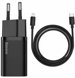 Baseus Super Si tīkla lādētājs | 20W | USB-C, Lightning | USB-C uz Lightning vads komplektā | melns