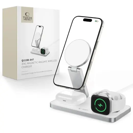 Tech-Protect QI15W-A47 3-in-1 bezvadu lādētājs | Qi | Saderīgs ar MagSafe | 15W | balts