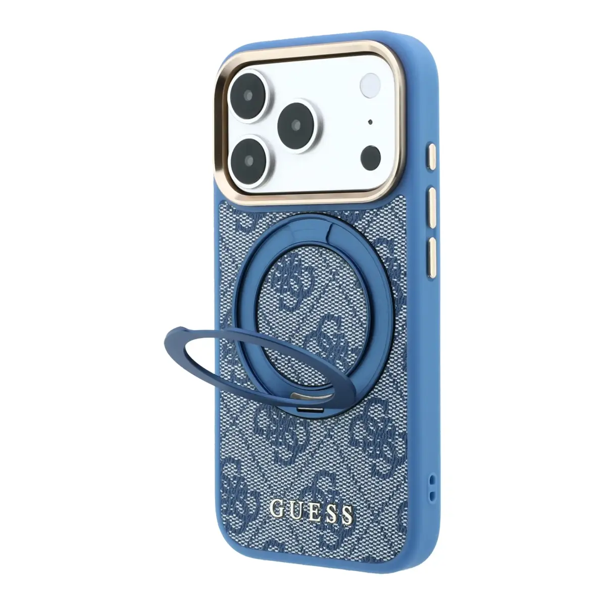 Guess Ring Stand telefono dėklas su stovu ir MagSafe palaikymu iPhone 18 Pro mėlynas