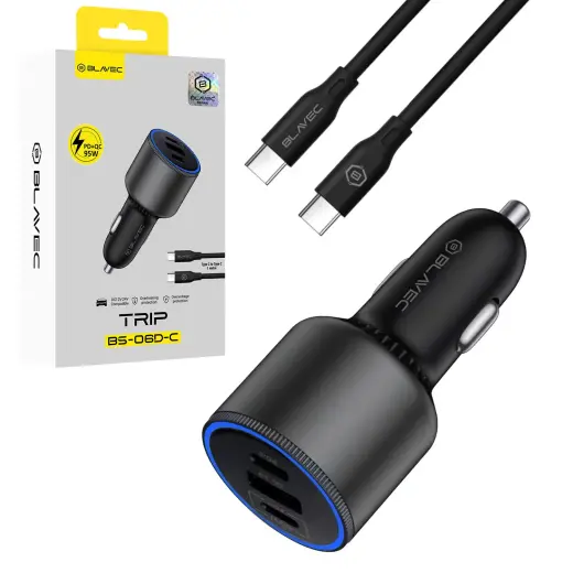 Blavec BS-06D Trip auto lādētājs | 95W | PD, QC | USB-A, USB-C | ar USB-C uz USB-C vadu komplektā | melns