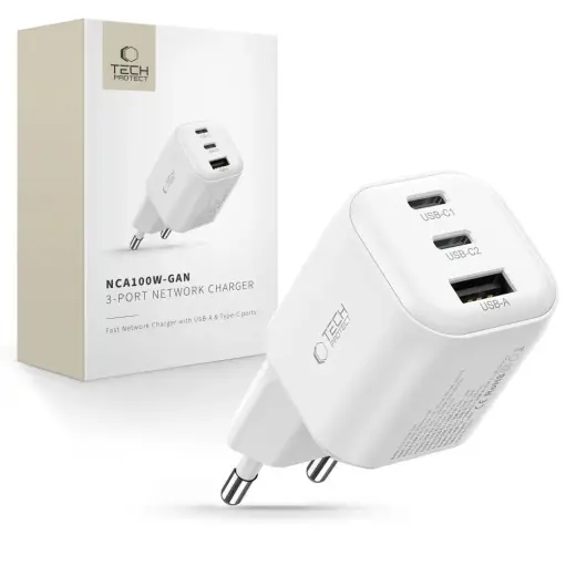 Tech-Protect NCA100W-GAN-AVS tīkla lādētājs | 100W | PD, QC, GaN | balts