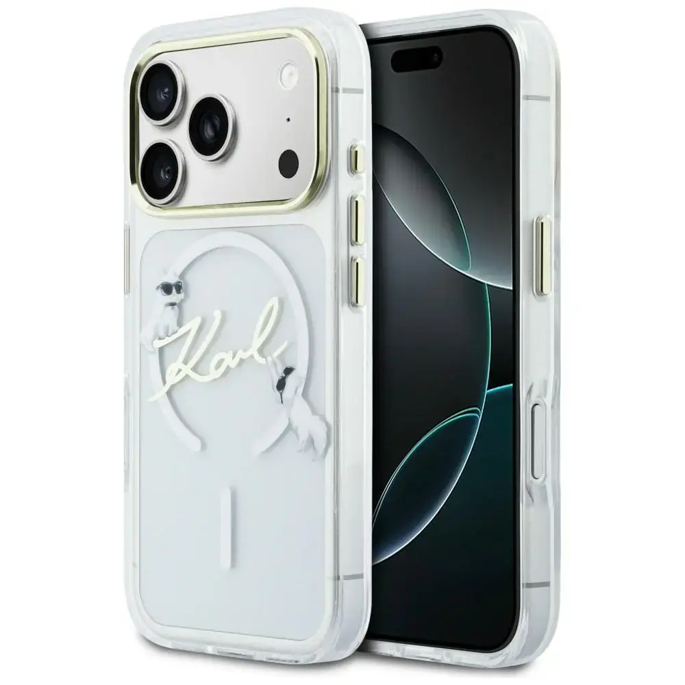 Karl Lagerfeld IML Choupettes Karl Script Logo telefono dėklas su MagSafe palaikymu iPhone 17 Pro skaidrus