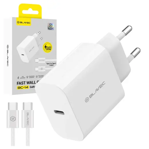 Blavec BC-14 GaN4 tīkla lādētājs | 30W | PD, QC, GaN, PPS | USB-C | ar USB-C uz USB-C vadu komplektā | balts