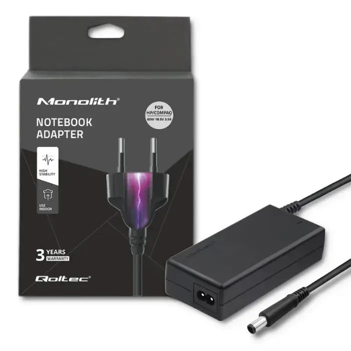 Qoltec 50069 Power adapter for laptop HP CQ 65W | 18.5V | 3.5A | 7.4*5.0+pin | +power cable