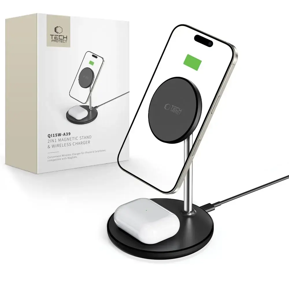 Tech-Protect QI15W-A39 2-in-1 bezvadu lādētājs | Qi | Saderīgs ar MagSafe | 15W | melns
