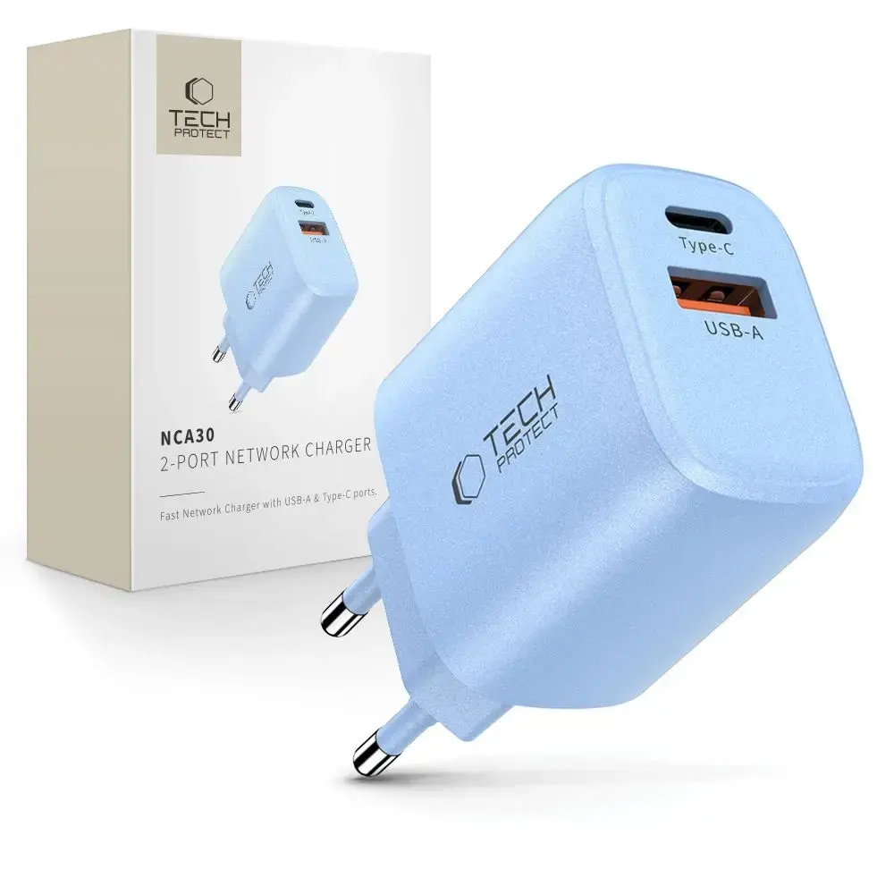 Зарядное устройство Tech-Protect NCA30 | 30W | PD, QC | USB-A, USB-C | синее