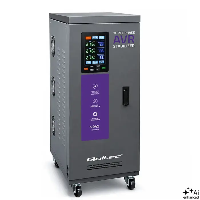 Qoltec Three-phase AVR MULTIPROTECTION voltage stabiliser | 30kVA | Accuracy ± 3% | 3-phase servo motor | LCD