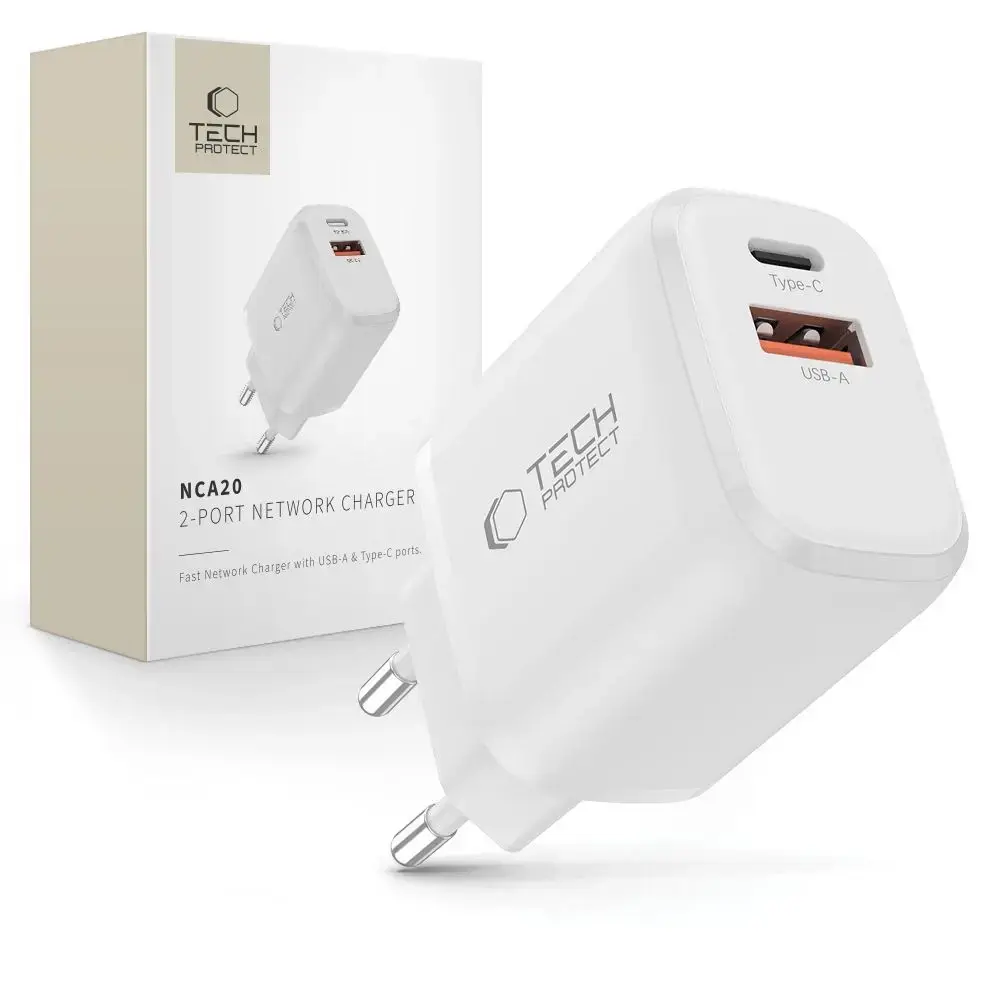 Tech-Protect NCA20 travel charger | 20W | PD, QC | USB-A, USB-C | white