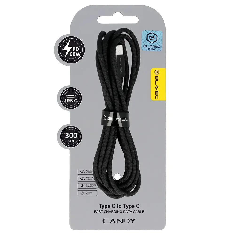 Blavec Candy CCA-CC3B30 duomenų perdavimo ir įkrovimo laidas | USB-C į USB-C | PD | 60W | 3m | juodas