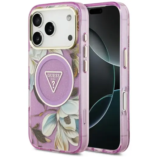 Guess IML Glitter Flowers Triangle maciņš ar MagSafe atbalstu telefonam iPhone 17 Pro | iPhone 18 Pro violets