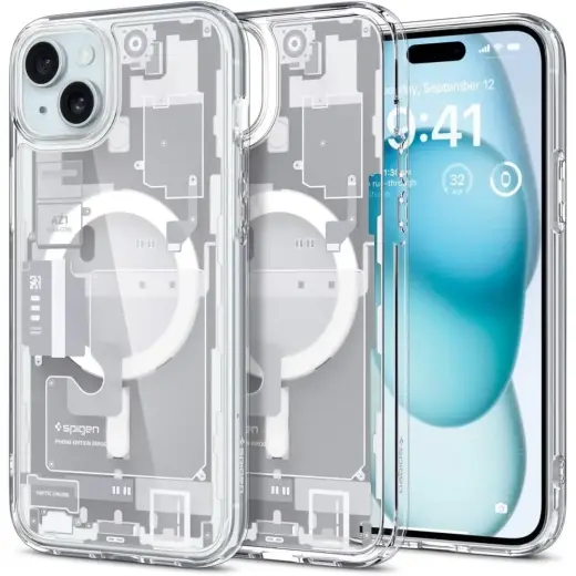Spigen Ultra Hybrid Mag telefono dėklas su MagSafe palaikymu iPhone 15 Plus baltas (dizainas Zero One)
