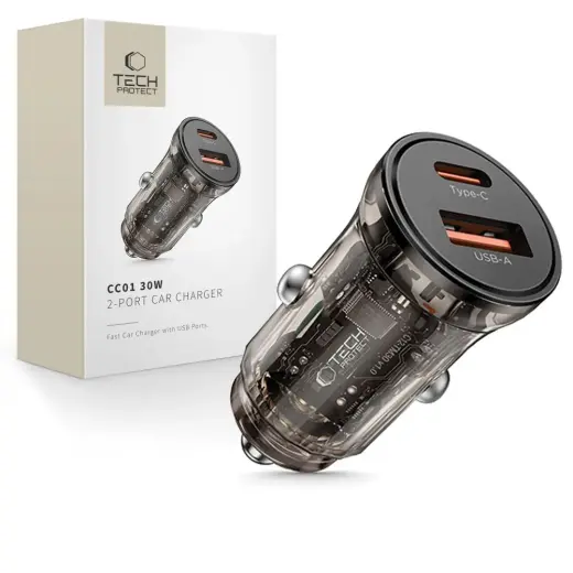 Tech-Protect CC01 auto lādētājs | 30W | PD, QC | USB-A, USB-C | melns