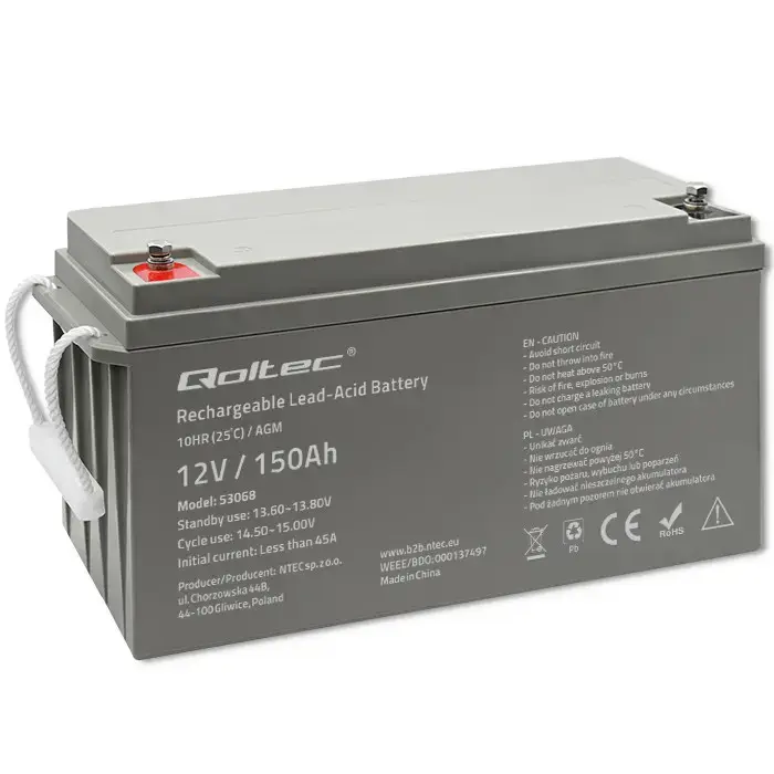 Qoltec AGM battery | 12V | 150Ah | 40.1kg | Maintenance-free | Strong | LongLife | for UPS, RV, boat, heater