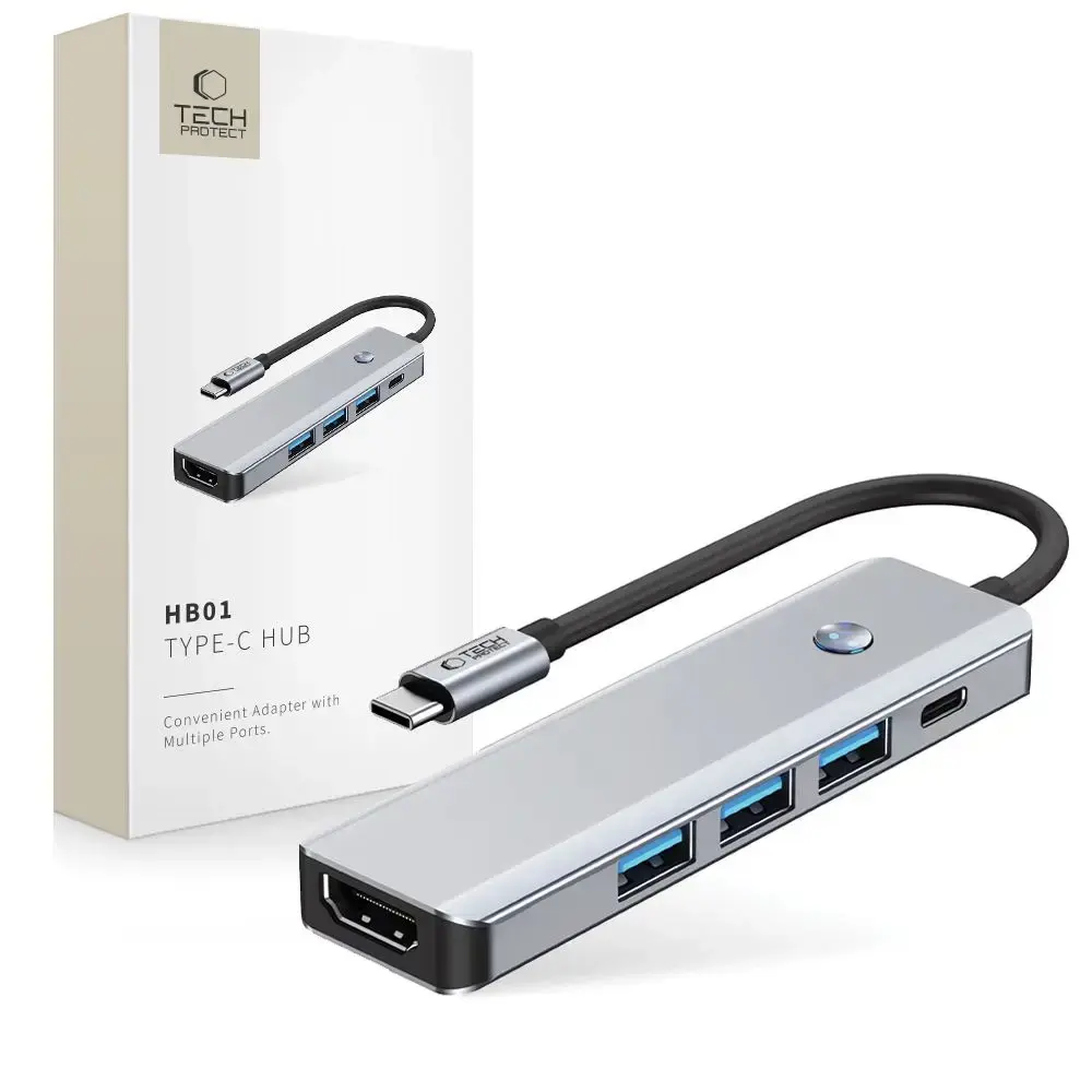 Tech-Protect HB01 5-in-1 USB hub | USB-C to 2x USB 2.0, USB 3.0, HDMI, USB-C | 100W | gray