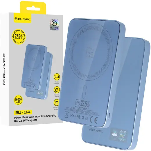 Blavec Power Bank 10000mAh BJ-04 Slim 13,5mm - Type C - 22,5W magnetic Magsafe 3 in 1 (PBBJ04-MC5LB) lightblue glass