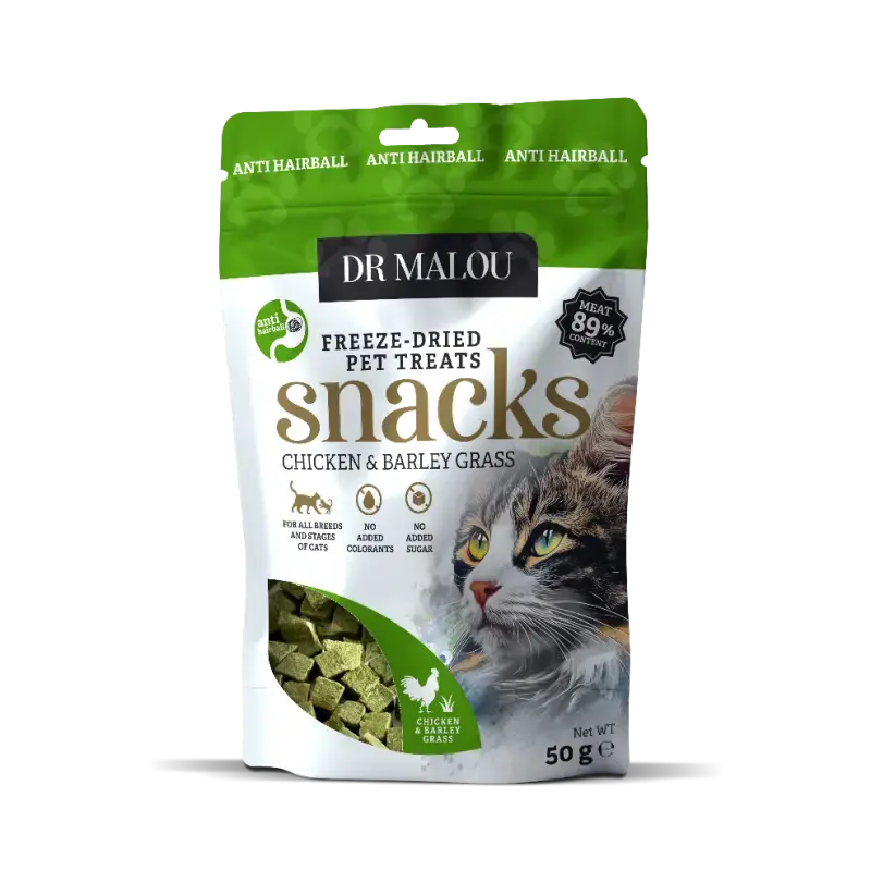 Gardumi kaķiem - DR Malou, Cat treats cubes with chicken and GRASS 50g