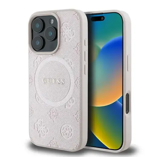 Guess GUHMP16LPSAPSMEP Saffiano Peony Classic Logo maciņš ar MagSafe atbalstu telefonam iPhone 16 Pro rozā