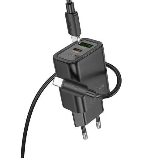 Зарядное устройство HOCO N63 | 30W | PD, QC | USB-A, USB-C | с кабелем USB-C на Lightning в комплекте | чёрное