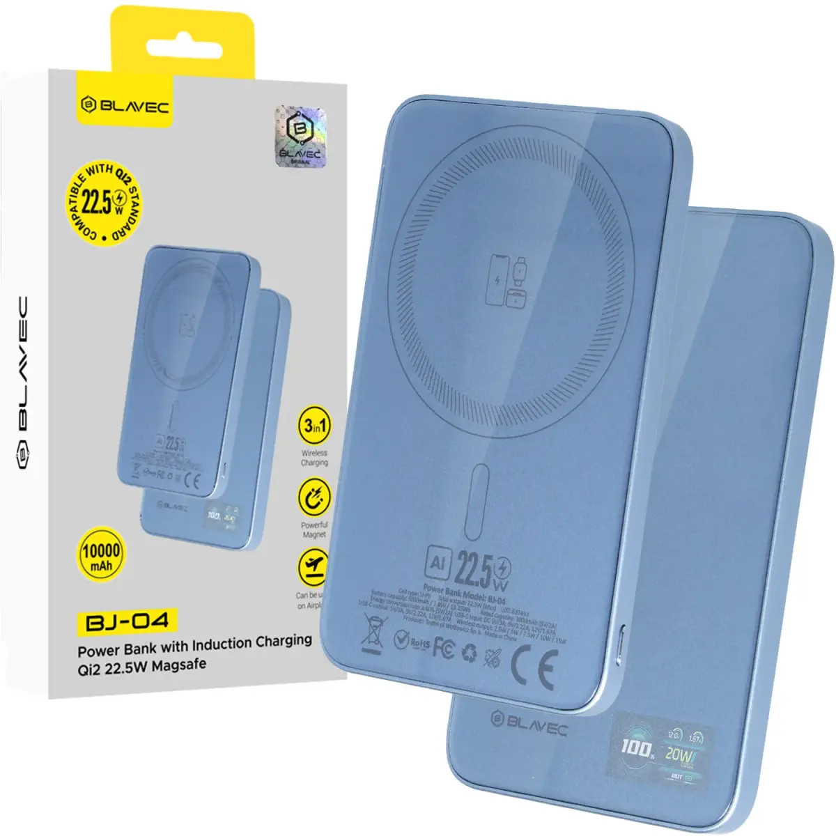 Blavec Power Bank 5000mAh BJ-04 Ultra Slim 7,8mm - Type C - 22,5W magnetic Magsafe 3 in 1 (PBBJ04-MC5LB) lightblue glass