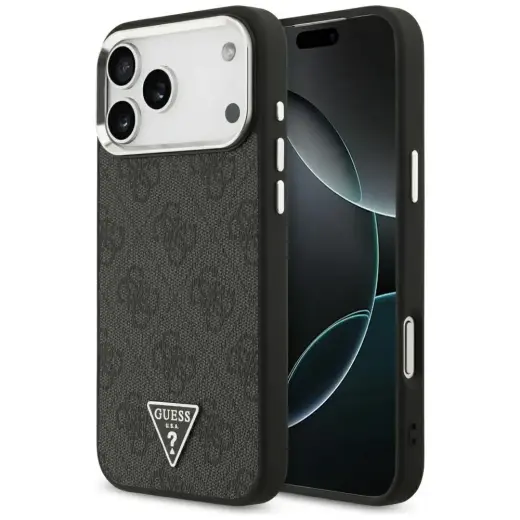 Guess 4G Triangle Logo maciņš ar MagSafe atbalstu telefonam iPhone 17 Pro Max | iPhone 18 Pro Max melns sudraba krāsā