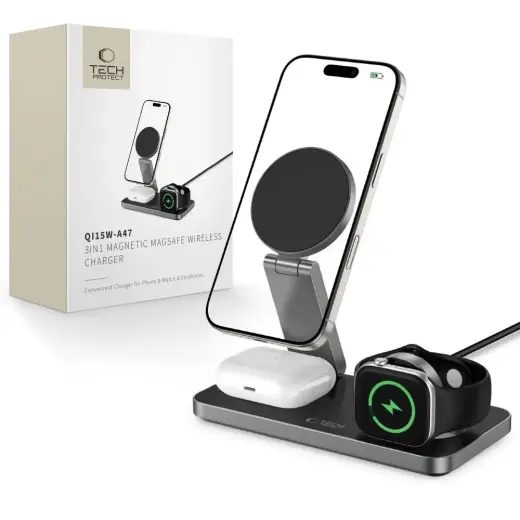 Tech-Protect QI15W-A47 3-in-1 bezvadu lādētājs | Qi | Saderīgs ar MagSafe | 15W | melns