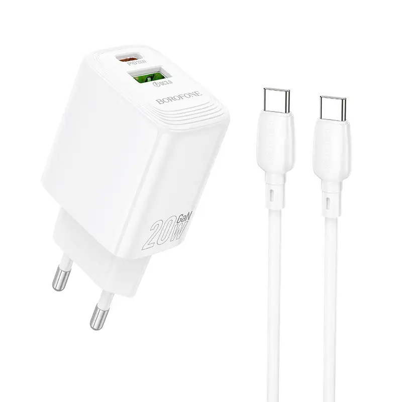 Зарядное устройство Borofone BN27 Fuente | 20W | PD, QC, PPS | USB-A, USB-C | с кабелем USB-C на USB-C в комплекте | белое