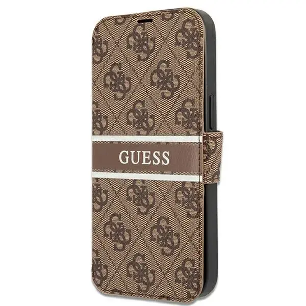 Guess GUBKP13L4GDBR 4G Printed Stripe grāmatveida maciņš telefonam iPhone 13 Pro brūns
